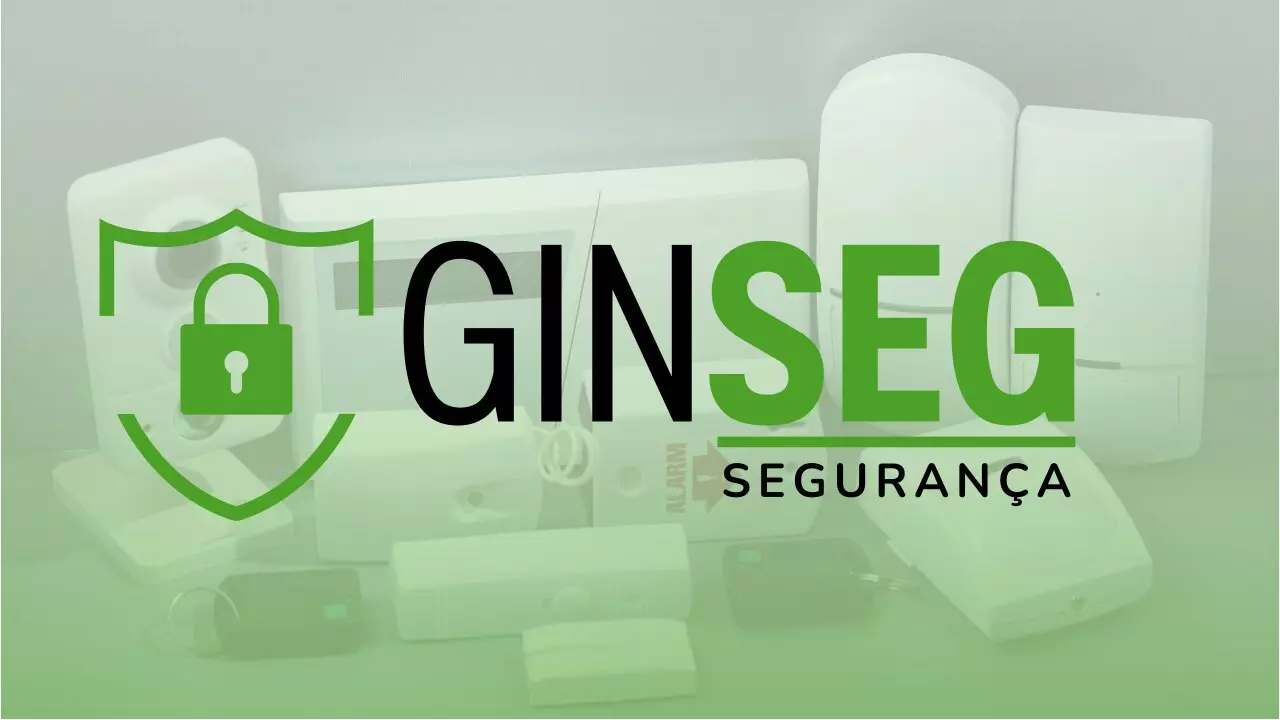 Alarmes e controles de acesso de fundo, com a logo da GINSEG na frente